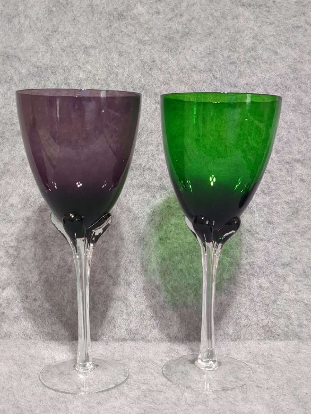VTG Murano Amethyst and Emerald Italian Wine 2 Glasses Tulip Stemmed Hand Blown